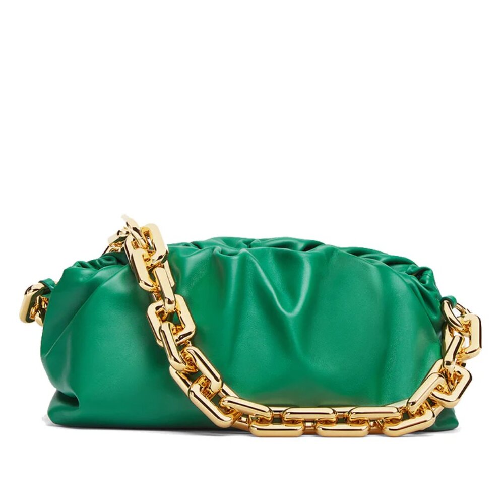 NWT Bottega Veneta Chain Pouch Racing Green with Gold tone Chain, size Medium